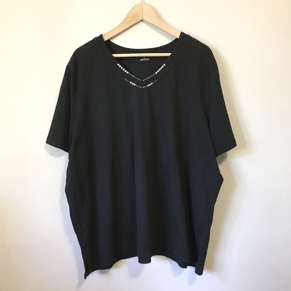 Vintage Black Silver Studded Rhinestone Collar Cotton Blend Tee - Picture 1 of 12